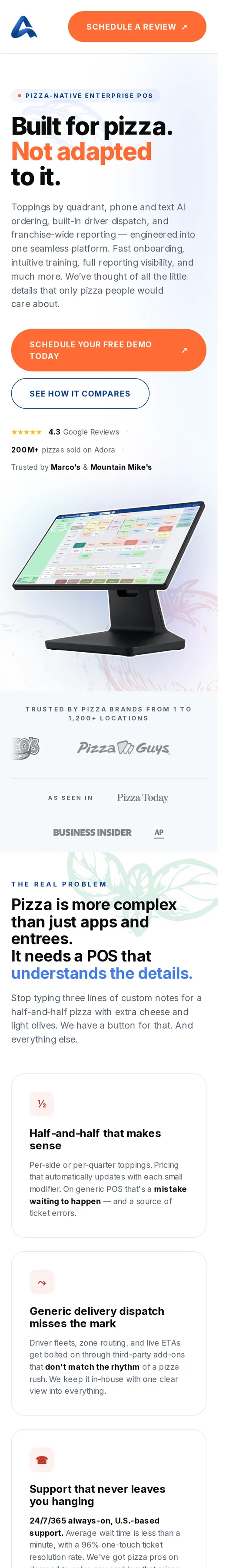 Adora pizza-native landing page, on a phone